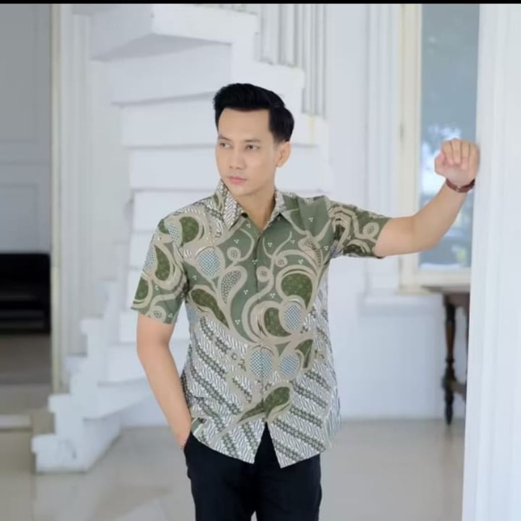 Kemeja Batik Pria Prabujaya Slimfit Lapis Furing Warna Hijau Sage Motif Sage Green
