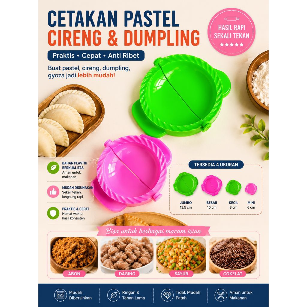 Cetakan Pastel Besar Sedang Mini Jumbo Cetakan Cireng Pangsit Dumpling Gyoza