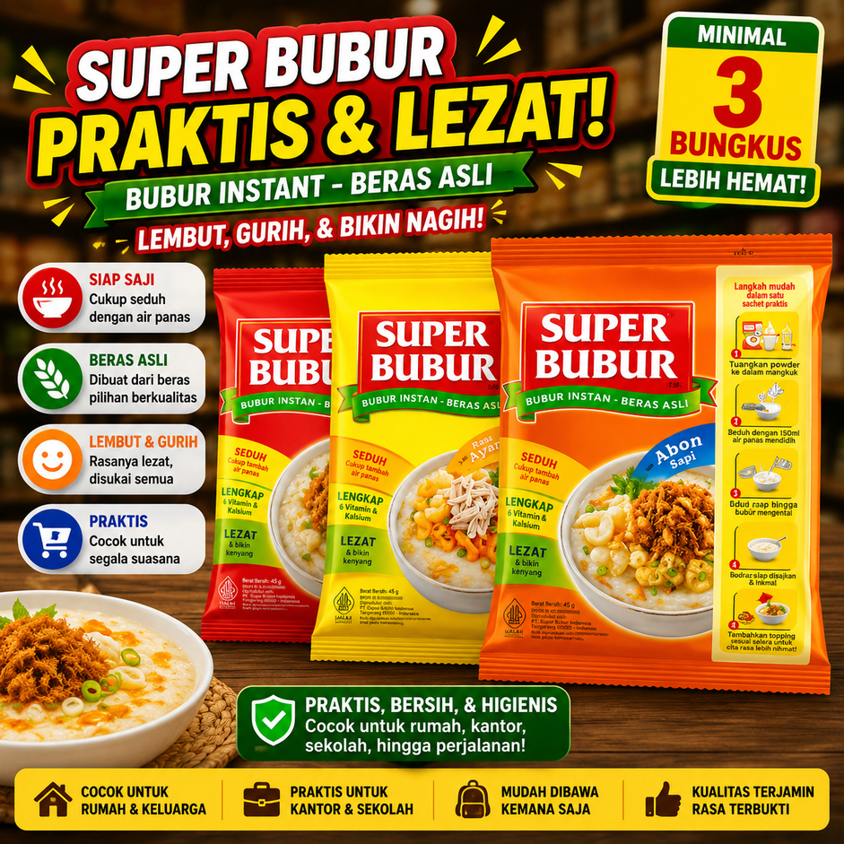 MAKANAN INSTAN SUPER BUBUR AYAM INSTAN 49g RASA ABON SAPI SOTO KARI MAKASSAR
