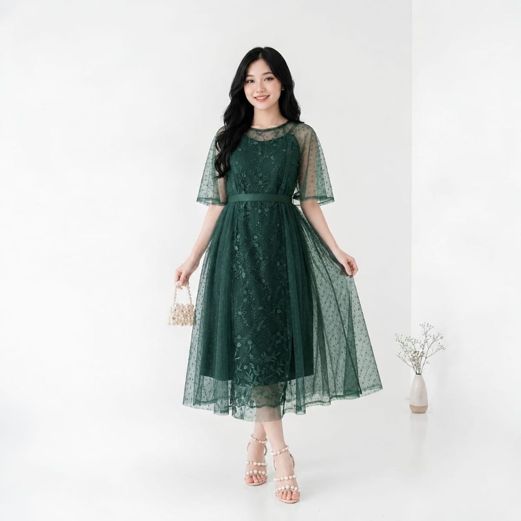 Calista Tile Dress Natal Elegant Baju Pesta Wanita Cantik Tile Mutiara Ms