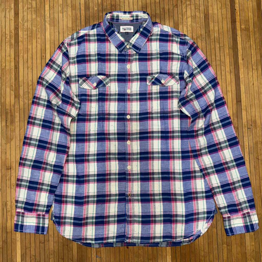 TOMMY HILFIGER DENIM AMERICAN BLEND PLAID CHECK DOUBLE POCKET LONG SLEEVE SHIRT