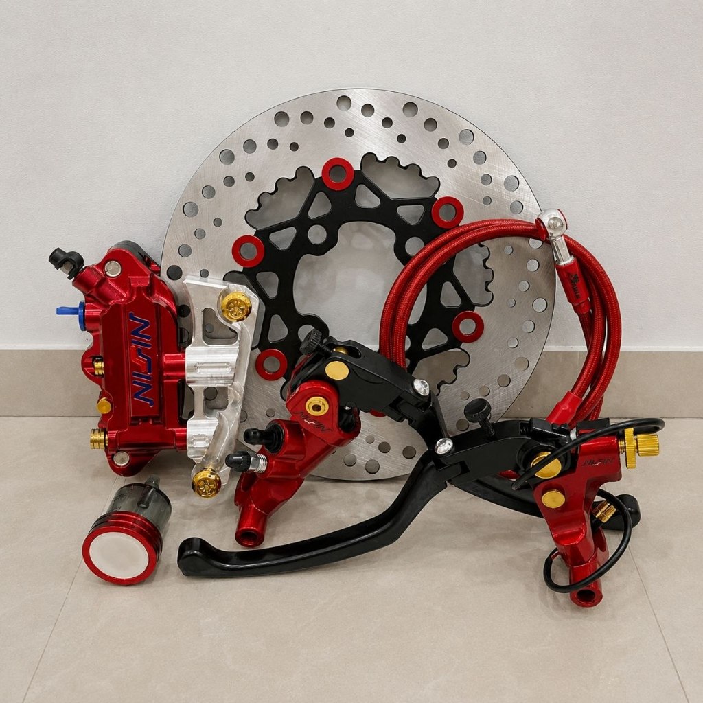Paket Pengereman Kaliper Nissin 4 Piston + Master Rem Nissin 17mm + Breket CNC + Disc 220mm 4 Lubang
