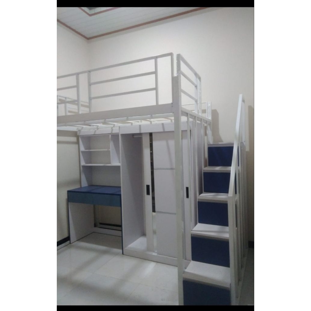 ranjang besi paket komplit tangga full laci depan .lemari 2 pintu meja belajar ada laci
