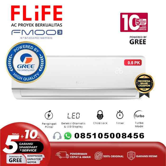 AC FLIFE GREE 1/2PK FAC-05FMOO3 AC Split Standard Double Gold Fin Premium AC by Gree Garansi Resmi 1