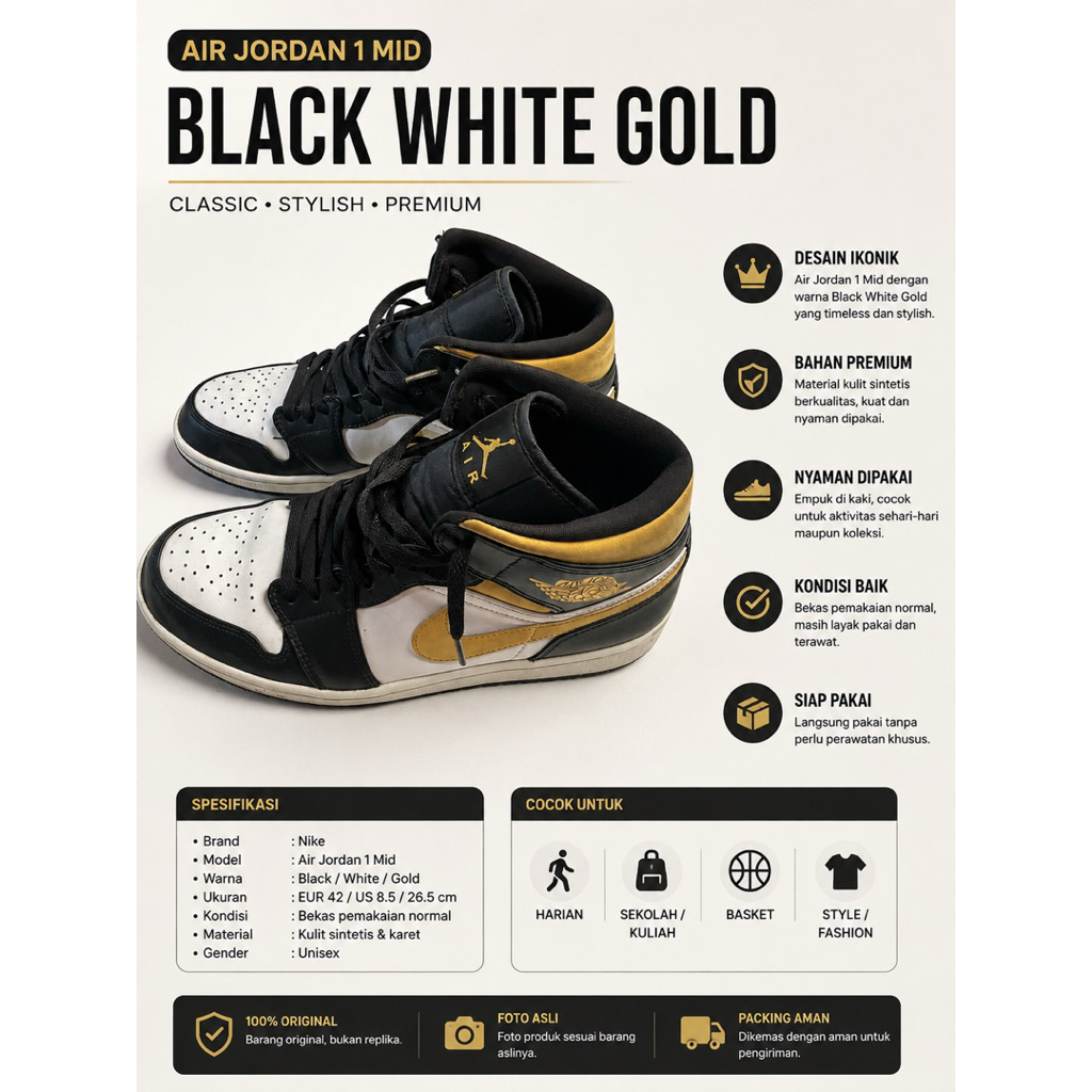 Nike Air Jordan 1 Mid Black White Gold Original