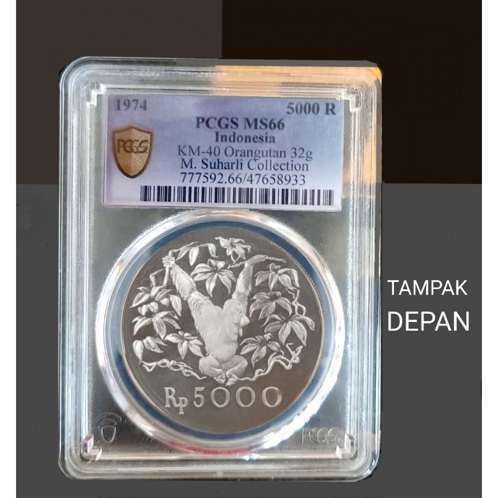 Koin Perak Indonesia 5000 Rupiah 1974 WWF Orang Utan PCGS MS66 - 32 gr