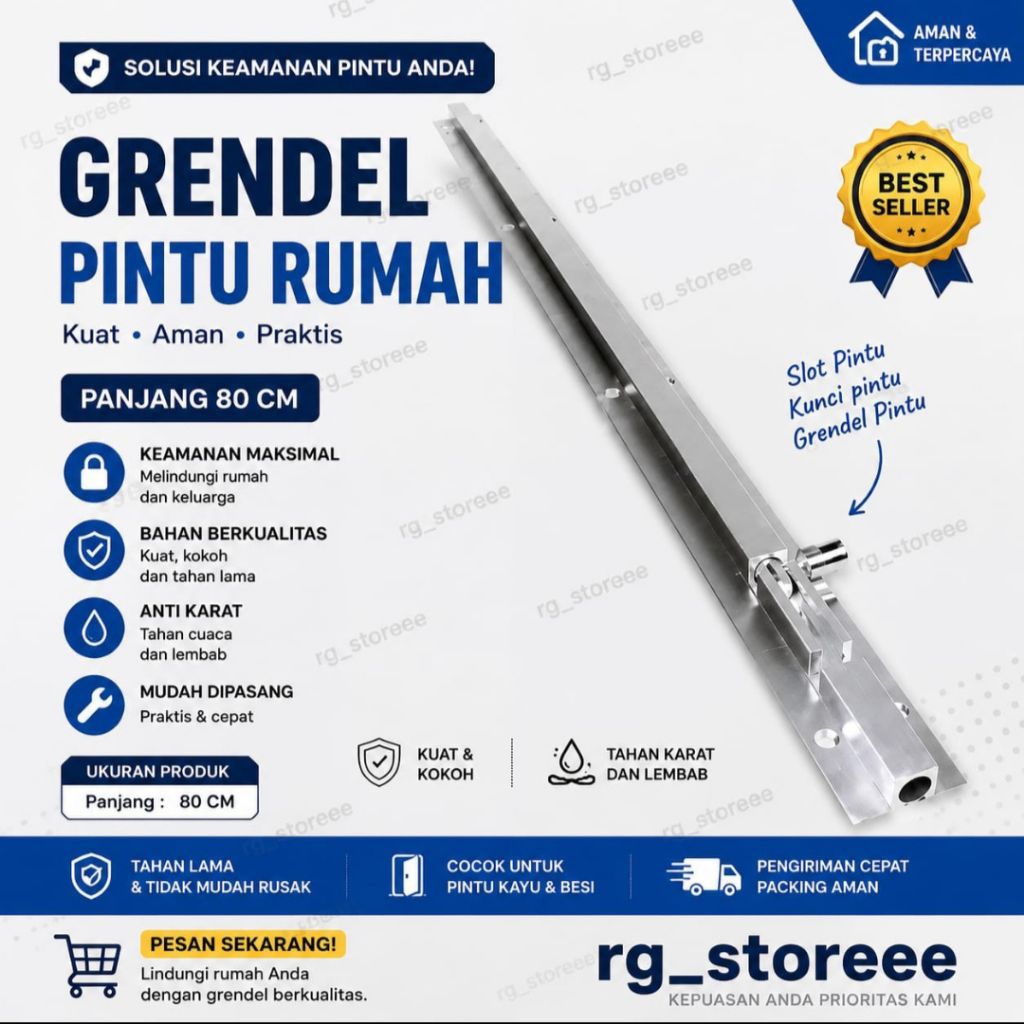 Grendel Pintu Kayu Alumunium Tebal Kuputarung Panjang Stainless 100cm 80cm 60cm 45cm 30cm