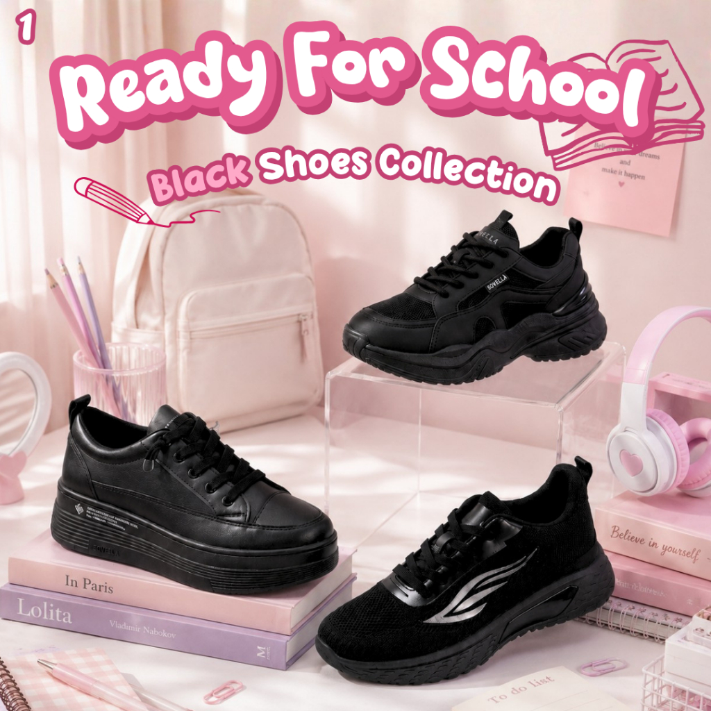 SOVELLA Koleksi Sepatu Hitam Sekolah Polos Sneaker Wanita