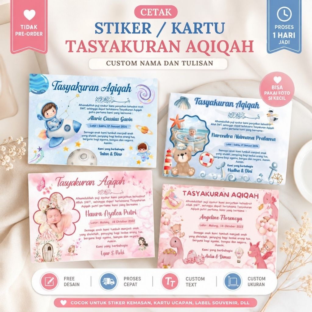 Cetak Stiker Aqiqah Custom Nama Foto Bayi | Kartu Tasyakuran Aqiqah Estetik