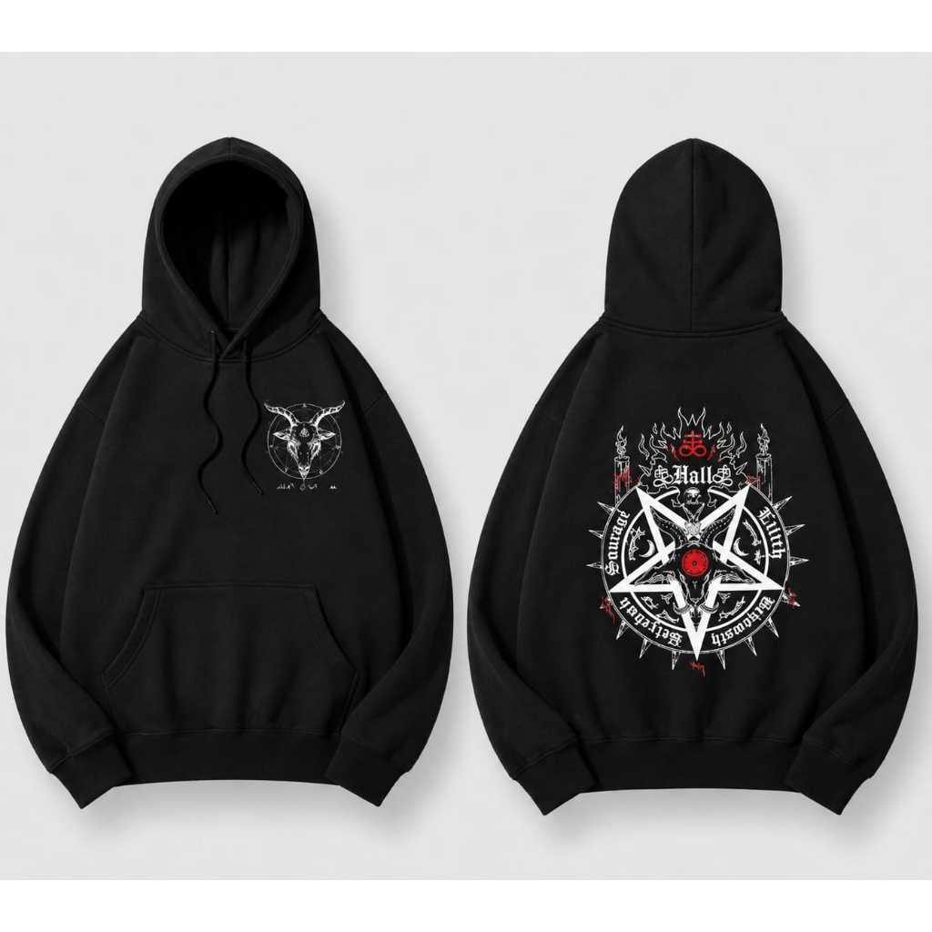 Sweater Hoodie SATANIC Hitam Pullprint Premium Unisex Bahan Teball