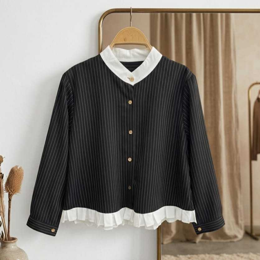BLOUSE SALUR WANITA REMPEL KOREAN STYLE TERBARU / KEMEJA CROP SALUR RUFFLY KOMBINASI