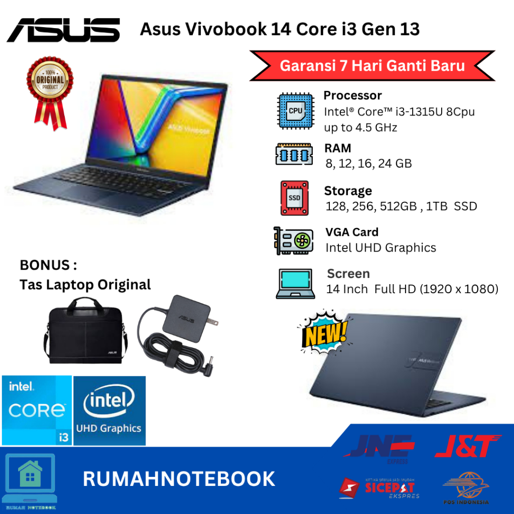 Laptop Baru Asus Vivobook 14 Intel Core i3 1315U Gen13 upto 4,5Ghz