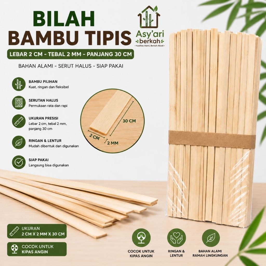 Bilah bambu tipis 2cm × 2mm × 30cm serut halus bambu petung untuk kipas Angin kerajinan & DIY