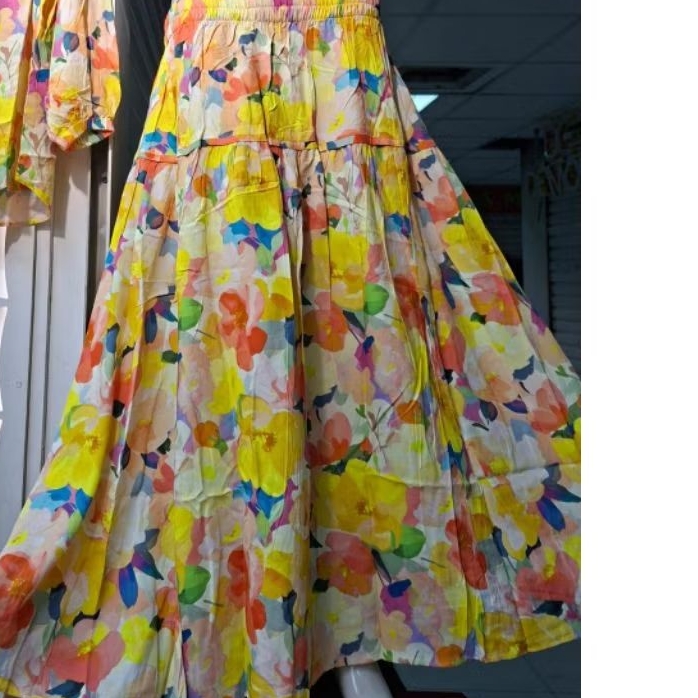 Rok tunik MIDI bunga-bunga pinggang karet