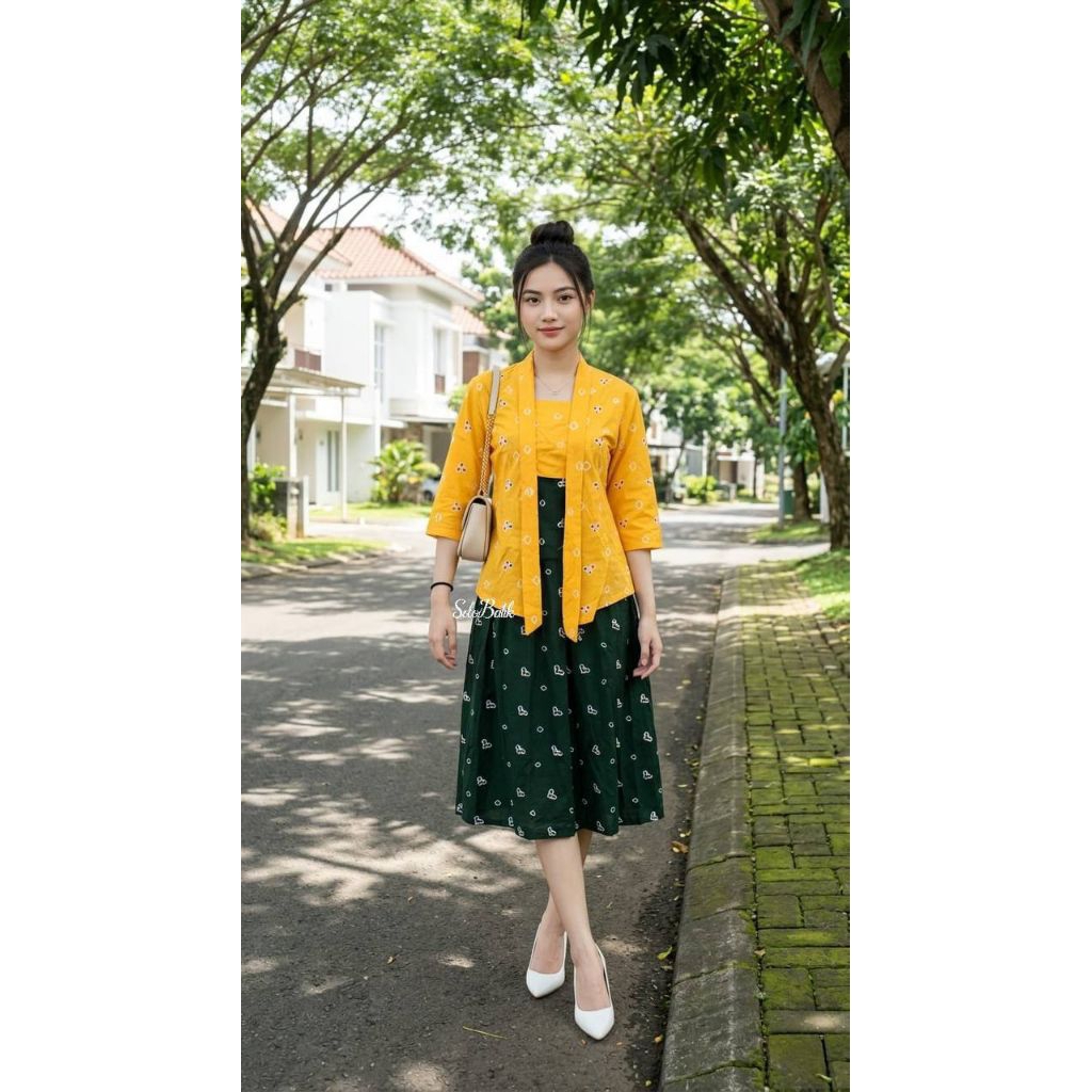 SETELAN BATIK SOLO JUMPUTAN ASLI HANDMADE WARNA KUNING IJO BOTOL
