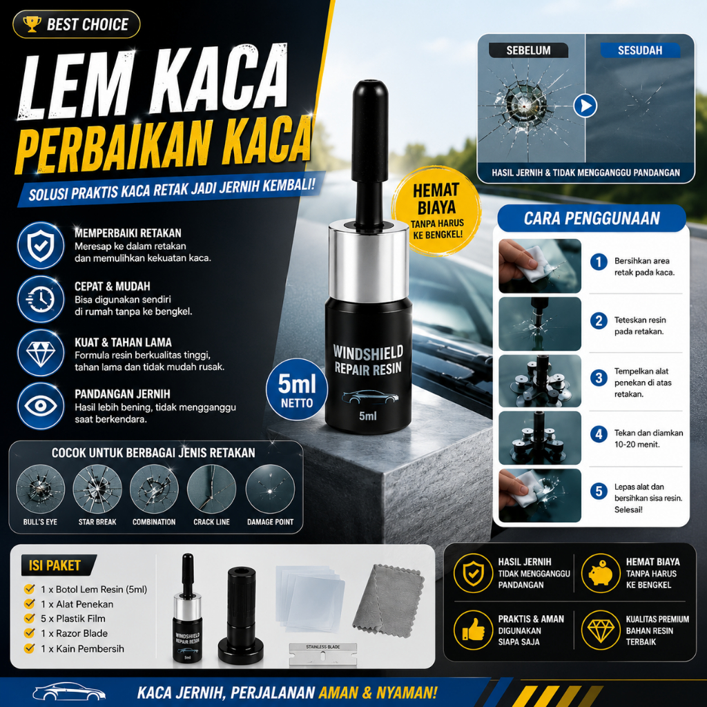 TERLARIS Lem Kaca Mobil Retak Windshield Repair Resin 5ml – Perbaikan Kaca Pecah & Baret