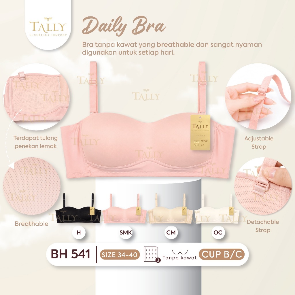 Bh Bra Tally 541 Cup B-C (34-40) 1/2 Cup Kait 3 Seamless Half Cup | Busa Sedang Tanpa Kawat |fyk