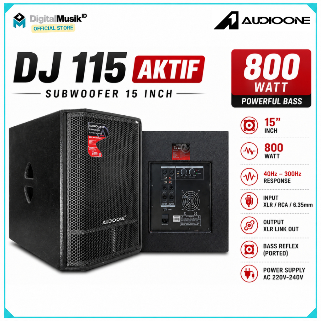 AUDIO ONE Subwoofer Aktif 15 inch  DJ115 Super Bass Power 800W Speaker Sound System rumahan I DM