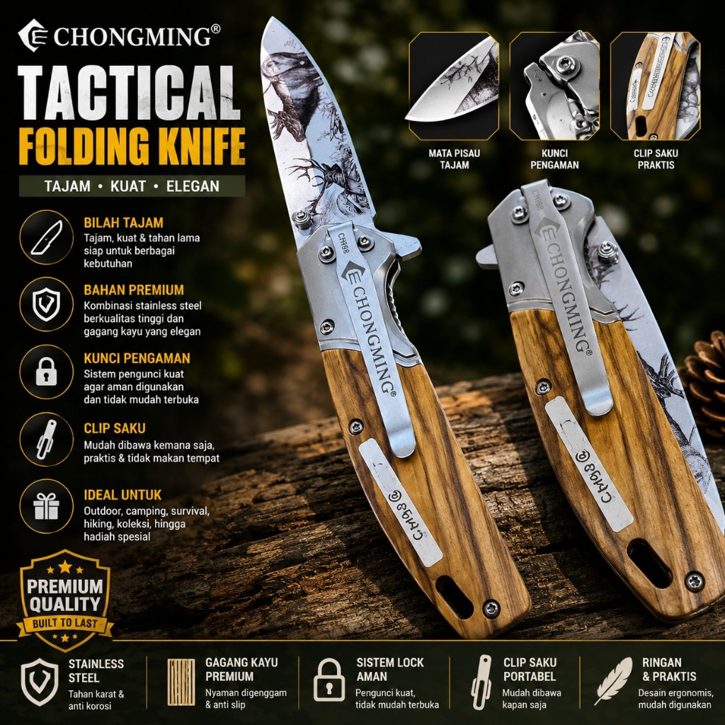 Pisau Lipat CHONGMING CM98 Motif Rusa Folding Knife Tactical Outdoor Camping Hunting EDC