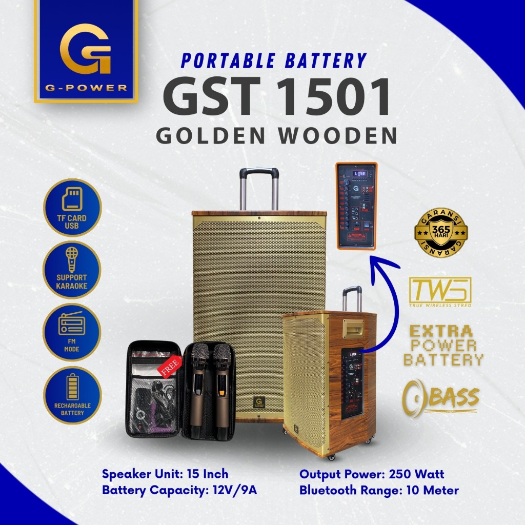 G-POWER Speaker Gst 1501 Goldenwood Speaker Bluetooth Portable Professional 15inch Super Extra Bass