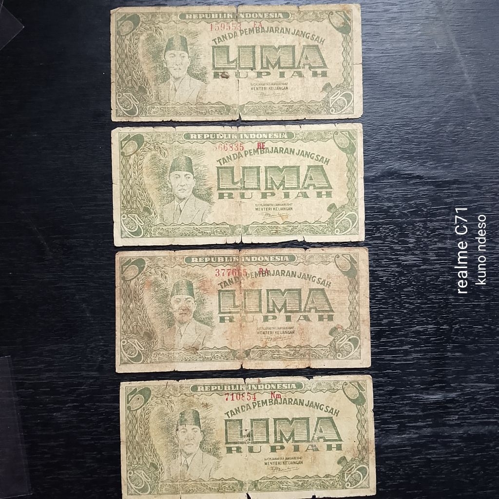 Uang Kuno 5 Rupiah 1947 Tanda Pembayaran Jangsah Soekarno Kondisi Fine