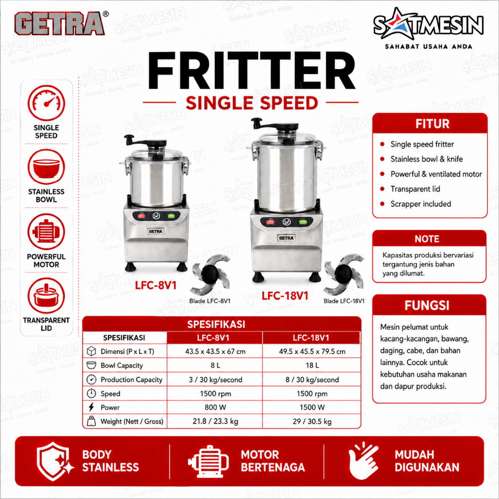 Satmesin Mesin Fritter GETRA LFC-18V1 18L Single Speed Pelumat Bumbu Stainless untuk Usaha Makanan