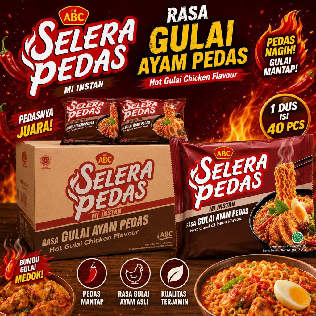 (1 Dus) Mie Instan ABC Selera Pedas 70g - Rasa Gurih, Pedas Nampol, Tekstur Lembut