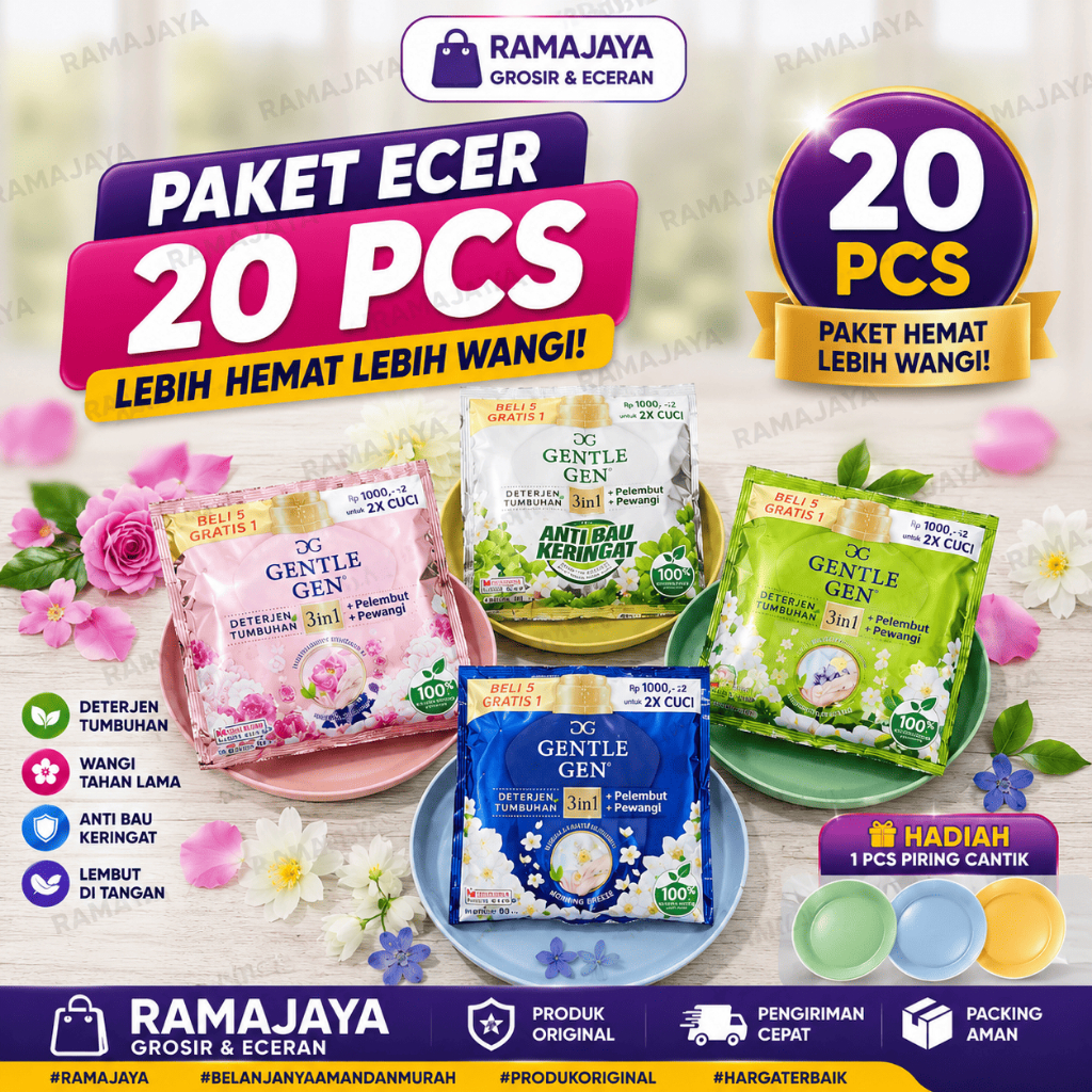 [20 SACHET GENTLE GENT + PIRING 1] 20 Sachet Deterjen Cair Gentle Gen Hijau 80ml - Lembut, Aman, Wan