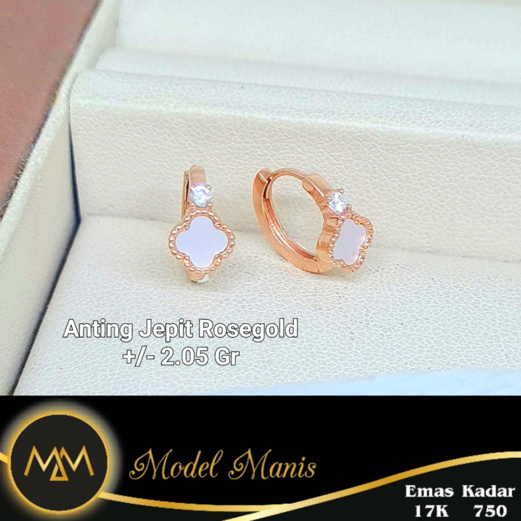 Model Manis Gold - Anting Jepit Clover 1 Mata Rosegold - Emas 17k  750