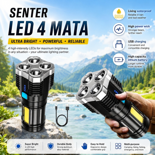 Senter LED 4 Mata 48 W 20 W / Senter LED Chargeable / Senter Cas LED