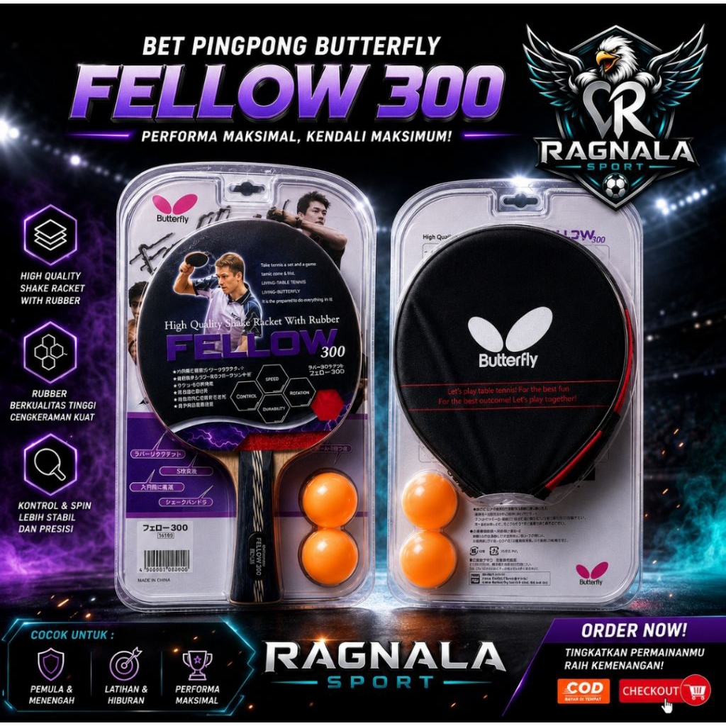 BET PINGPONG BUTTERFLY FELLOW 300 - BAT TENIS MEJA IMPORT - MURAH