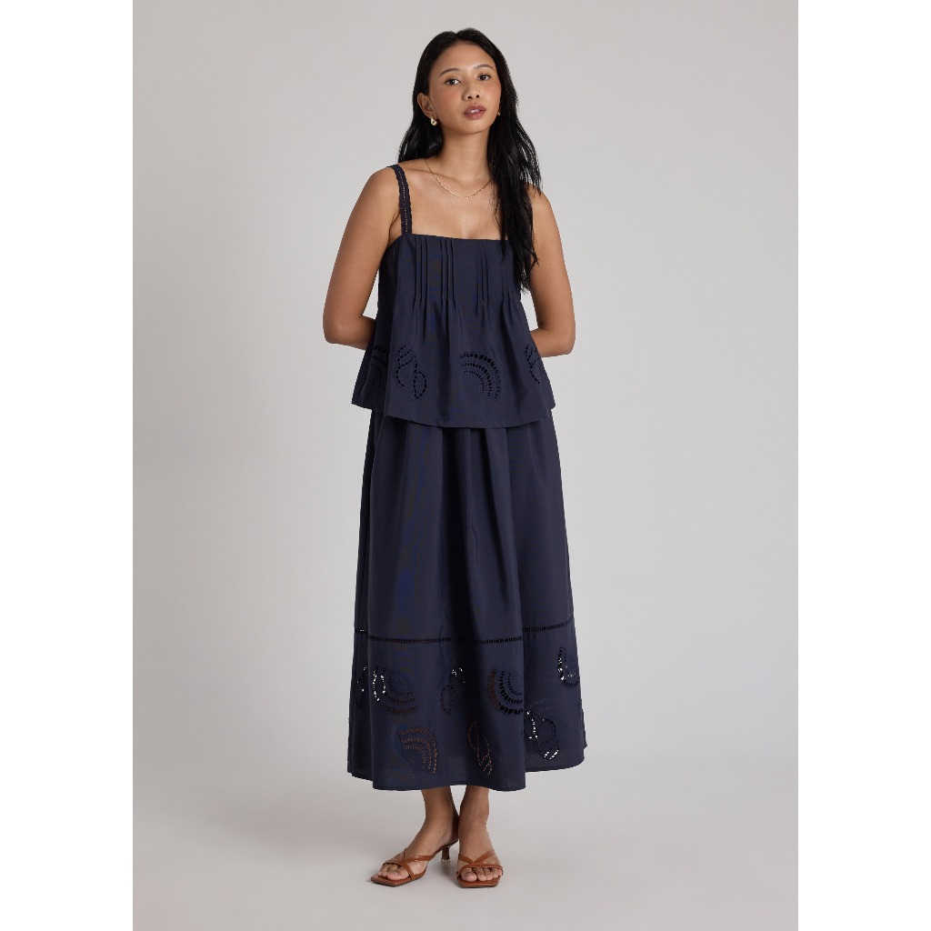 Love Bonito - Rok Wanita - Flare Skirt in Tidal Escape Broderie - Navy Blue
