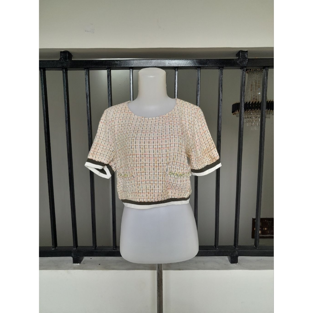 ZARA Multicolor Tweed Short Sleeve, ZARA Blouse Tweed Crop, Croptop Tweed