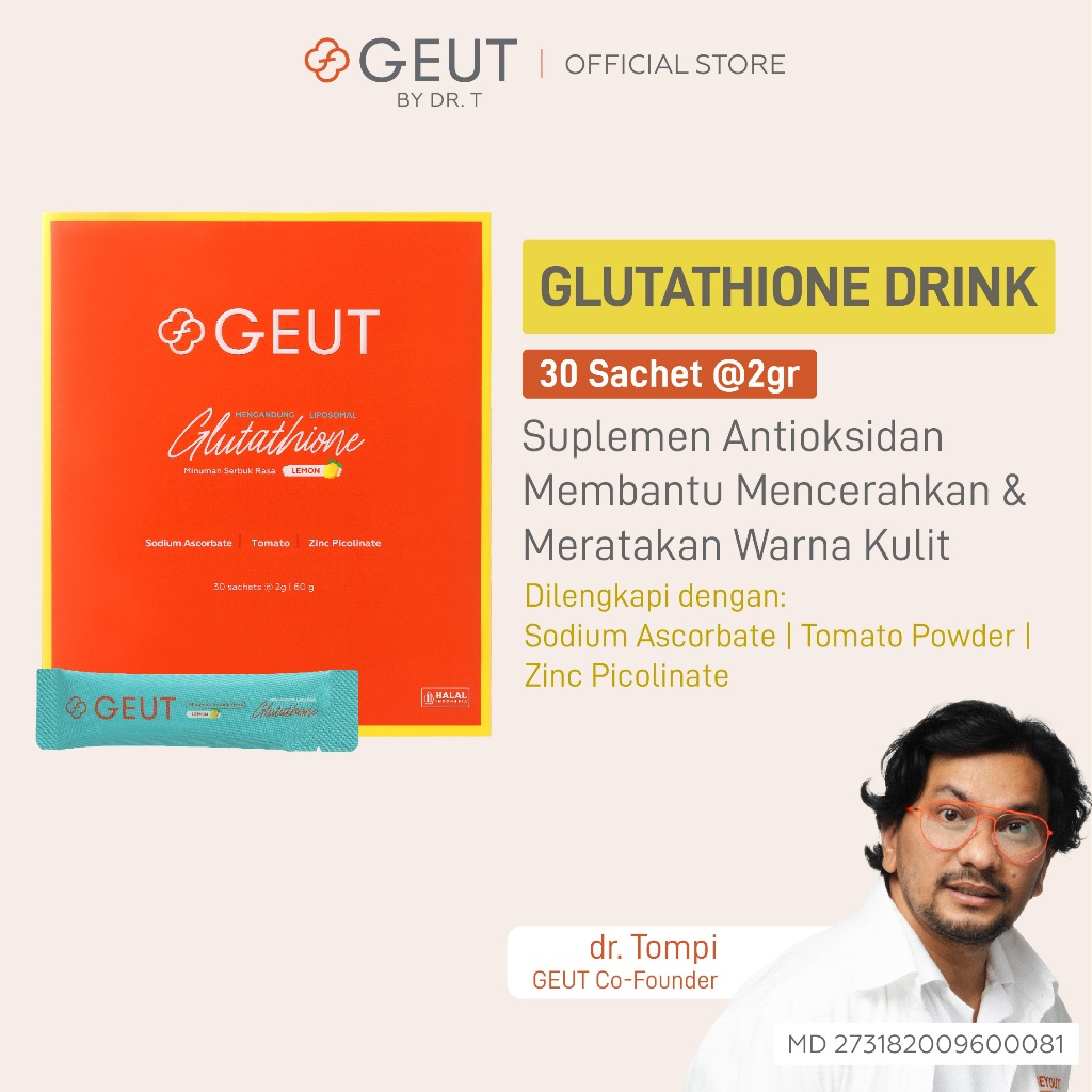GEUT LIPOSOMAL GLUTATHIONE Lemon 30 Sachet | Suplemen Serbuk Antioksidan Membantu Mencerahkan Merata