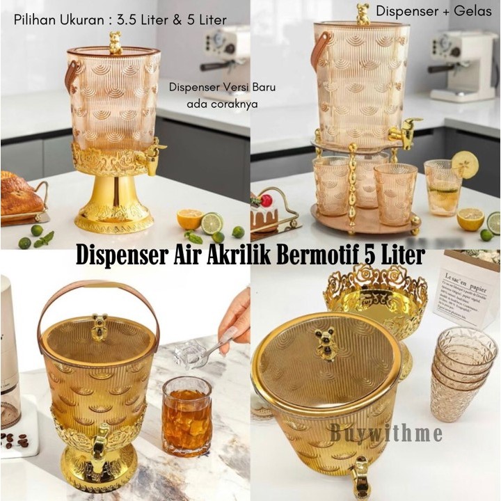 Dispenser Air Akrilik 3.5L 5L Motif / Tempat Air Minum + Rak Mewah + Gelas