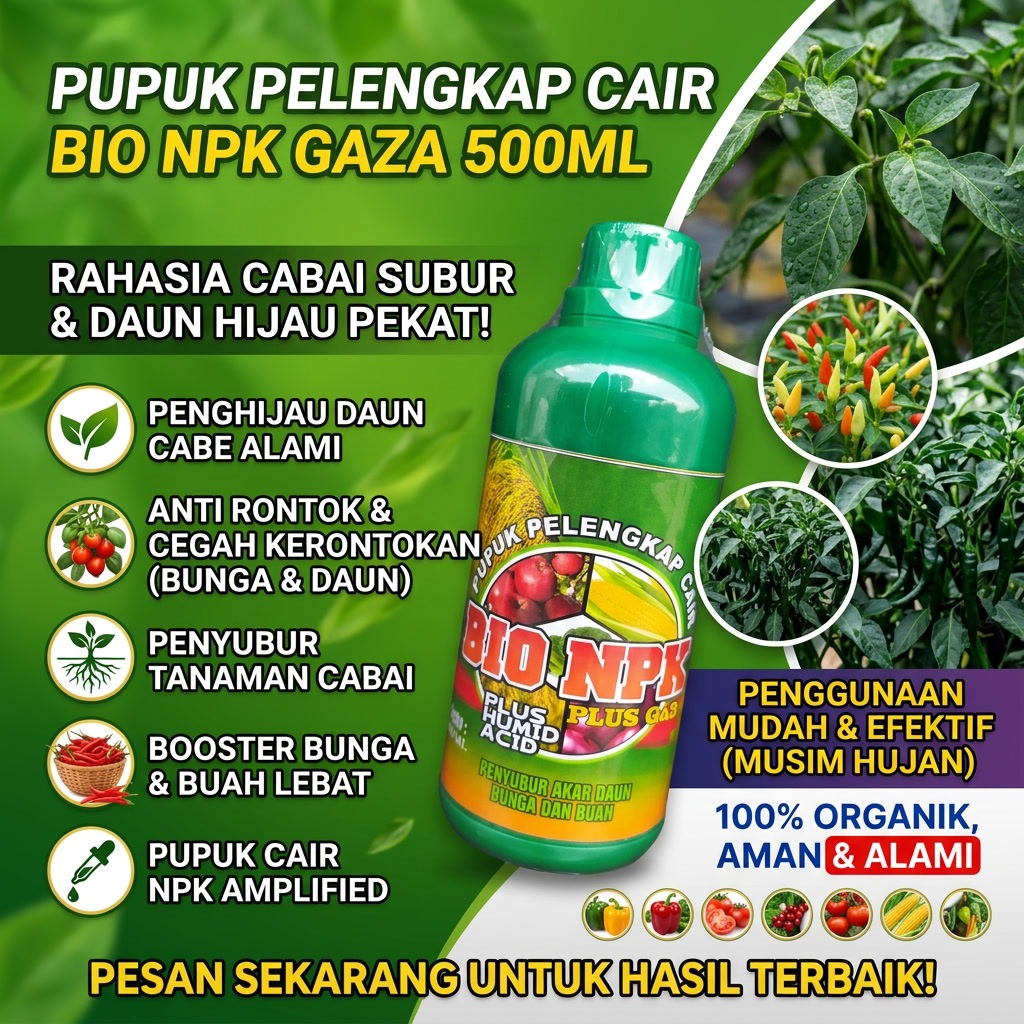 Pupuk Daun Cabe Yang Bagus Musim Hujan NPK GAZA 500ML Pupuk NPK Cair Pupuk Perangsang Daun Dan Bunga