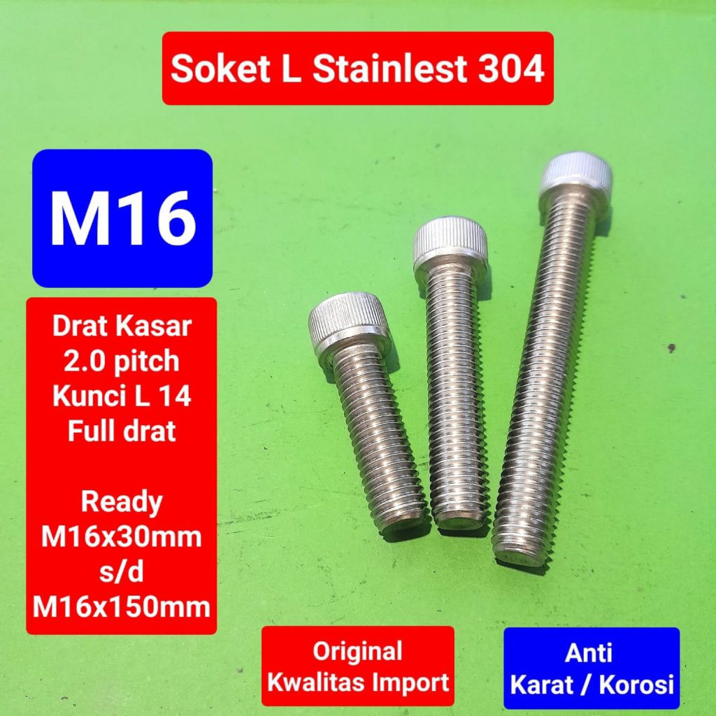 Baut soket L stainlest 304 M16 | Baut L stainlest M16 | Baut stainlest M16x30 s/d M16x150mm