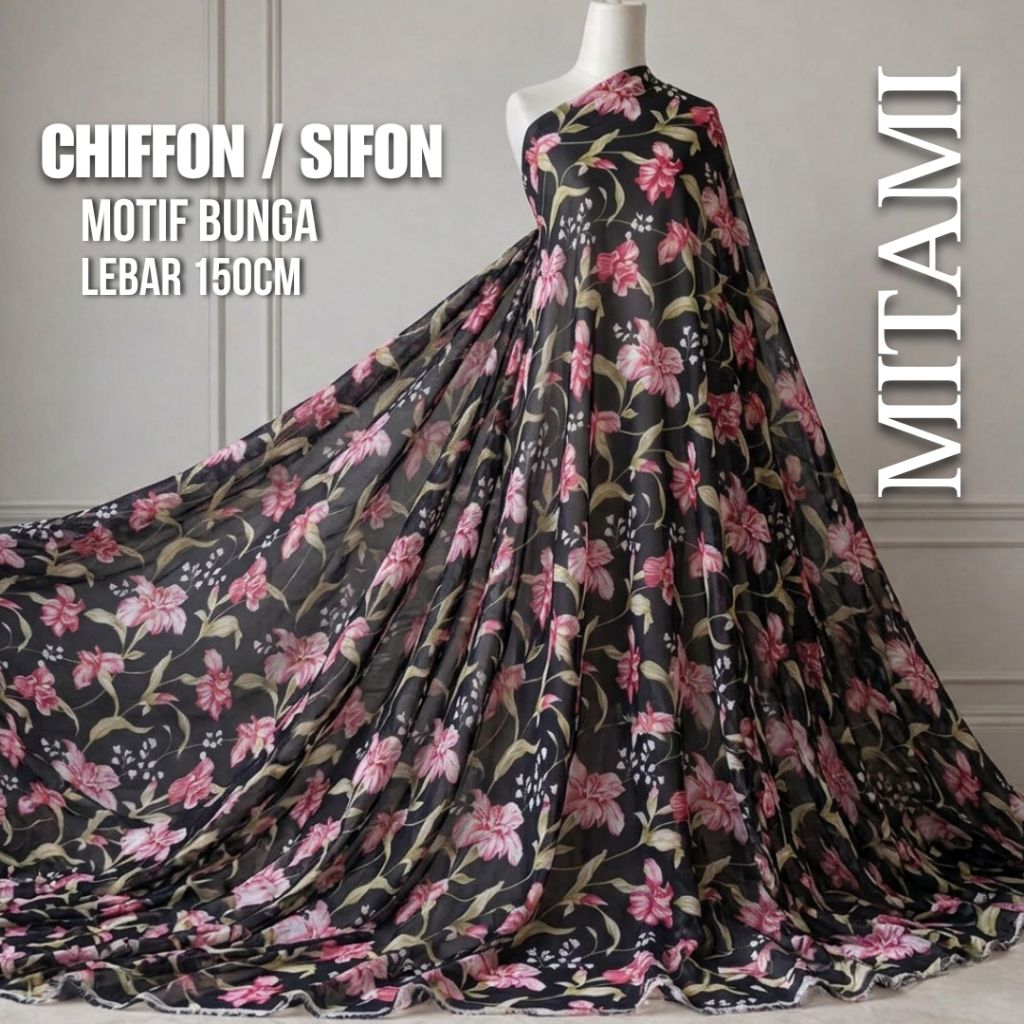 Kain Sifon Motif Bunga Pink Hitam/Motif Floral Chiffon Import Lebar 1.5M (Harga Per 0,5)3R