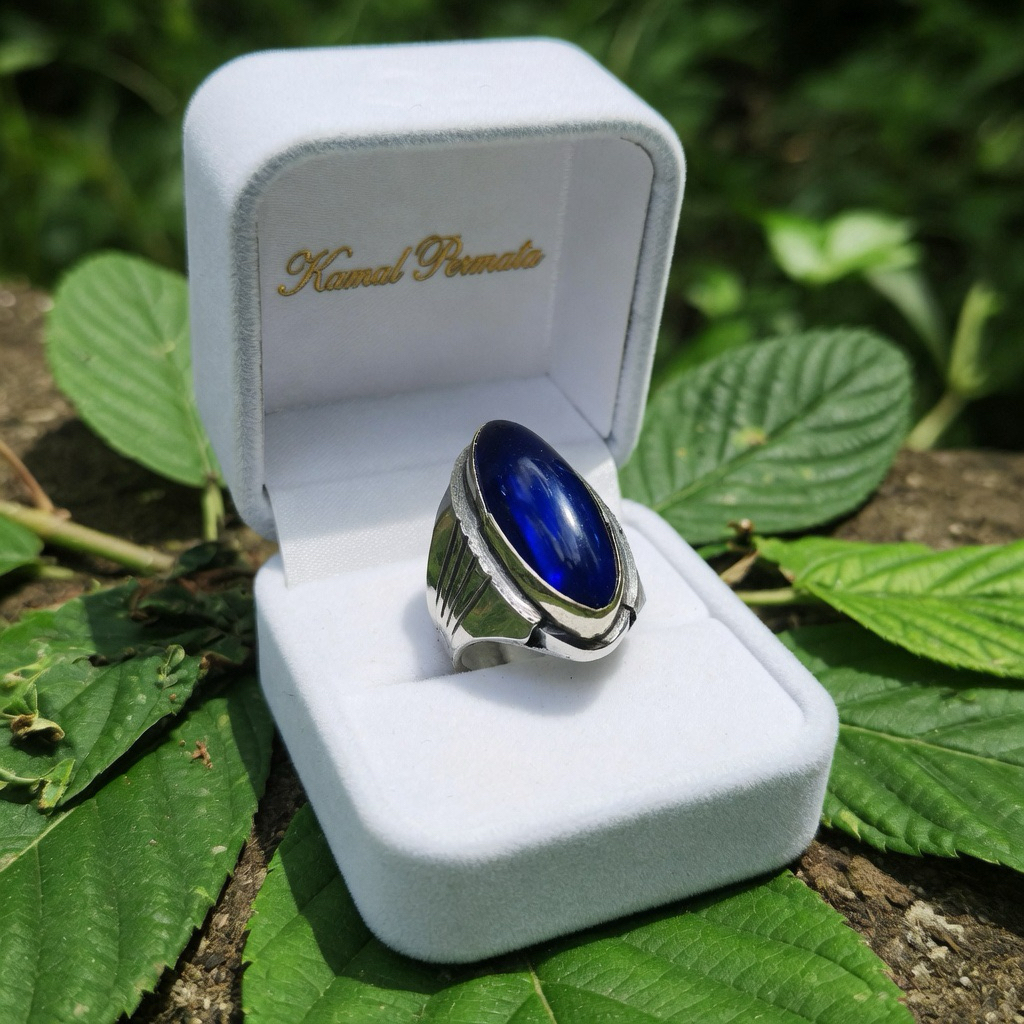 Cincin Batu Permata Pria Sapphire Royal Bentuk Lonjong Cabochon