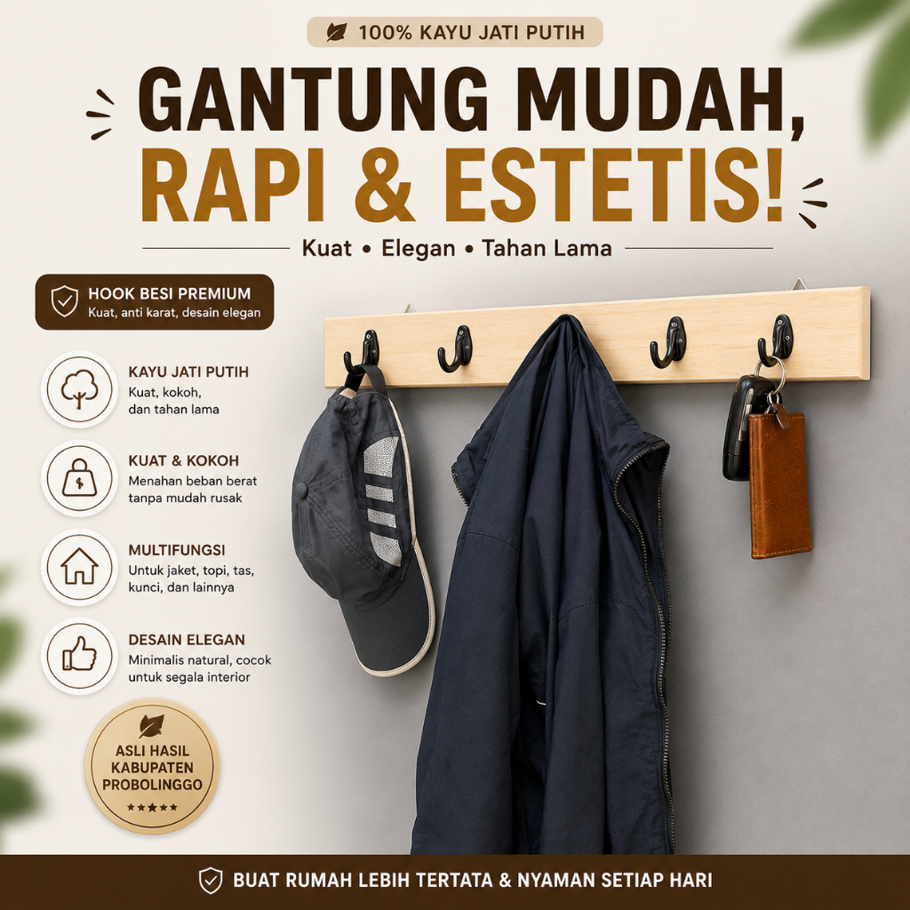 Gantungan Baju Kayu Jati Putih 5 Hook Tebal 1CM Desain Minimalis Estetik Siap Percantik Rumah Anda