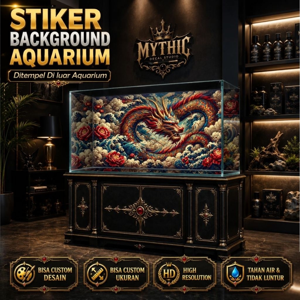 Stiker Aquarium Dragon D1 By Mythic Decal Studio - Sticker Background Aquarium Naga Floral Bisa Cust