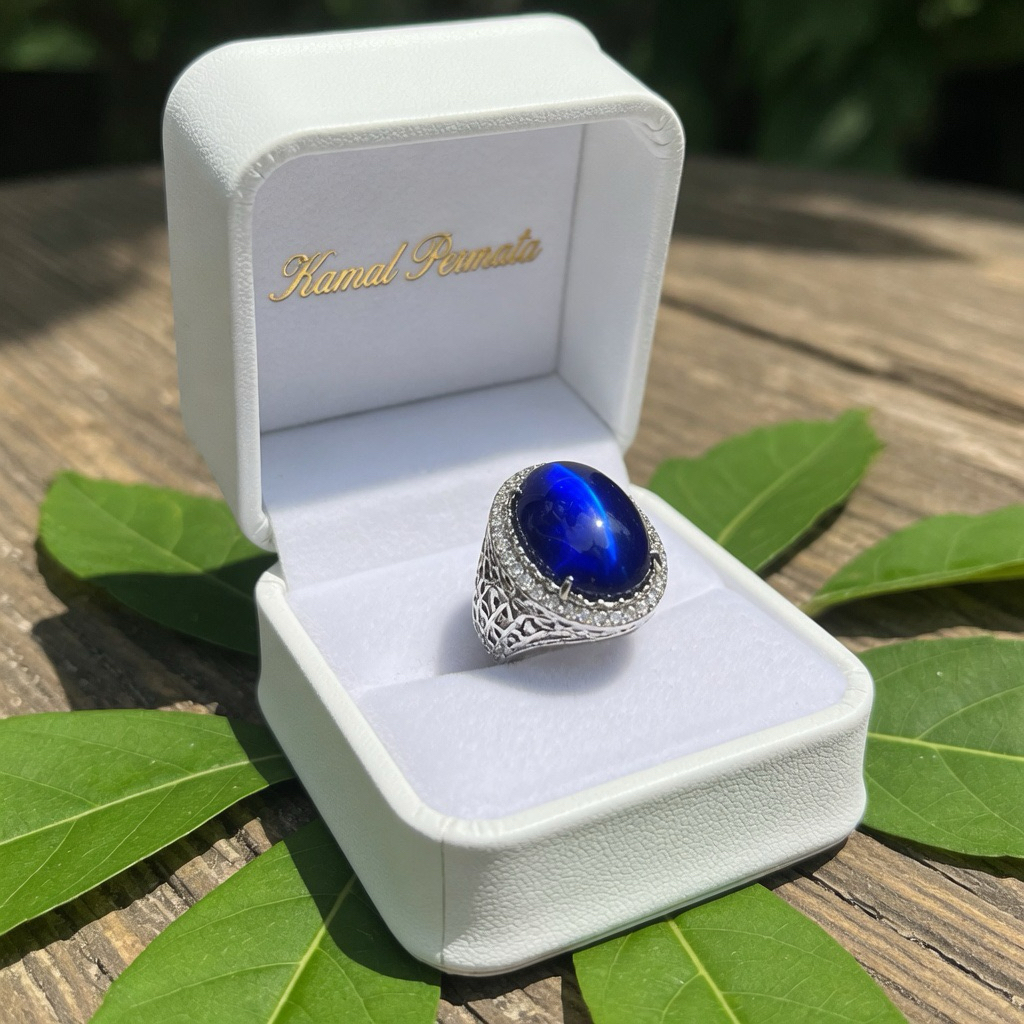 Cincin Batu Permata Royal Blue Sapphire Cabochon Warna Intens