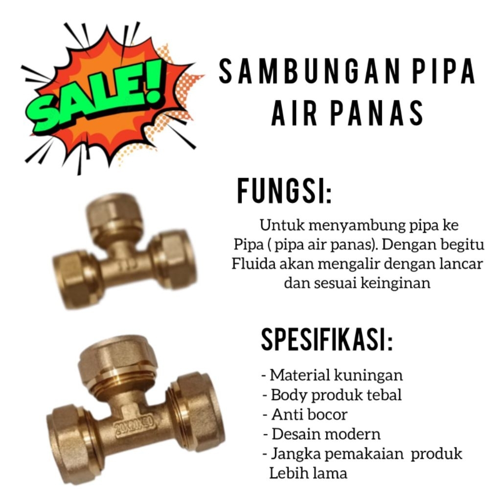Fitting Nepel Sambungan PipaSelang Air Panas Water HeaterKonektor Tee T Cabang 3 Kuningan 3/4"
