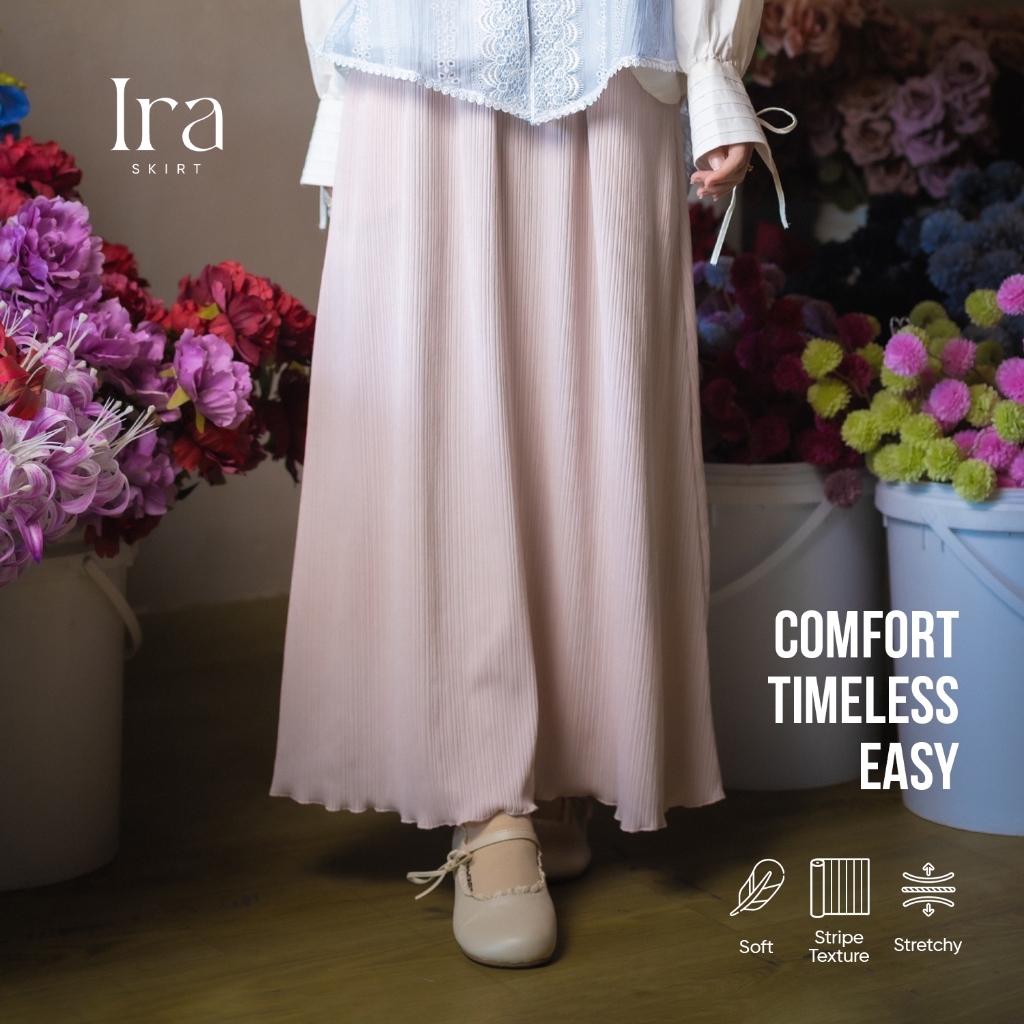 JILBRAVE Ira Rok A-Line Knit Stripe Flowy Pinggang Karet Muslimah Daily Kerja Kondangan