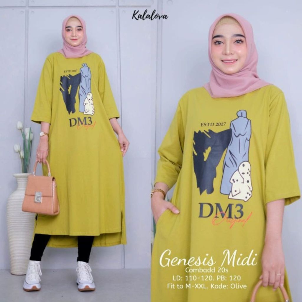 Midi Dress Genesis Bo Bahan Kaos Katun Combed 24s Aplikasi Sablon Size S - 2XL Ld 90 - 130 Cm Long T