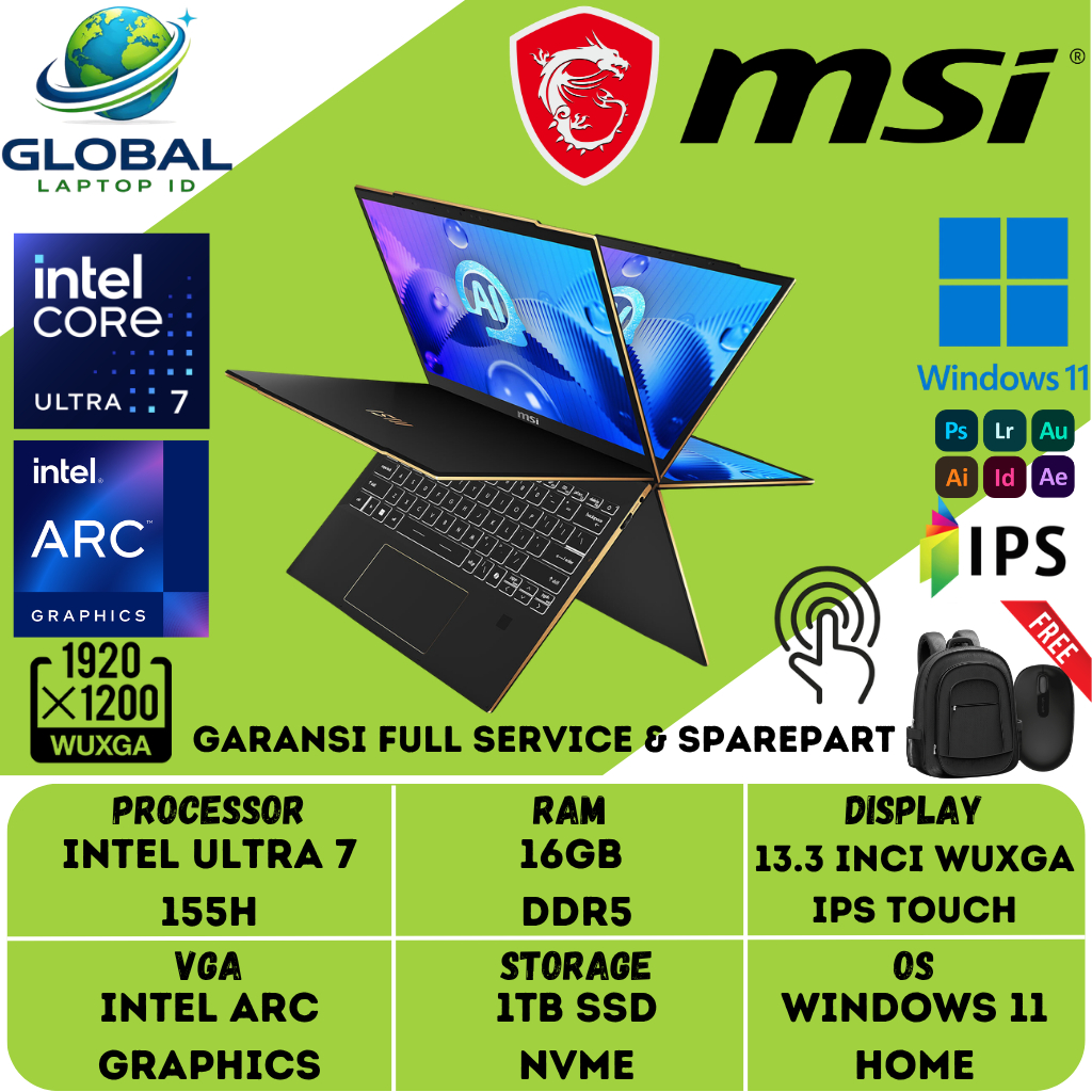 Laptop Bisnis Touchscreen MSI SUMMIT FLIP EVO A13MT SERIES Intel EVO RAM 32GB SSD 1TB SSD Windows 11