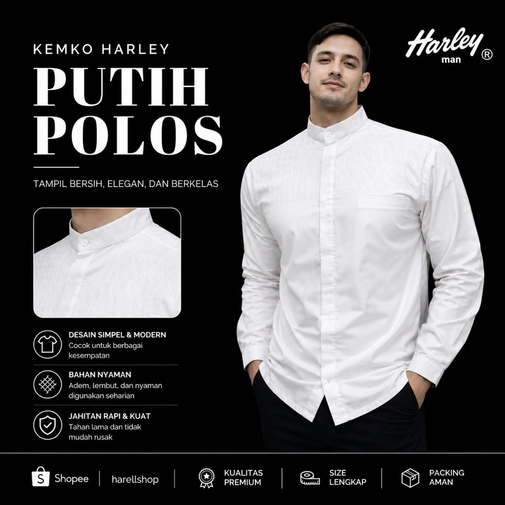READY STOK Kemeja Koko Harley Putih Polos Lengan Panjang Pria Kemko Harley Premium