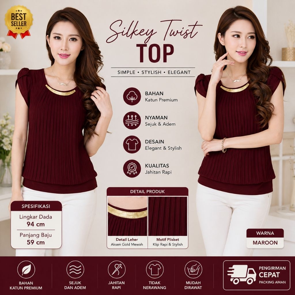 OBRAL SALE Atasan top blouse wanita plisket merah maroon mewah