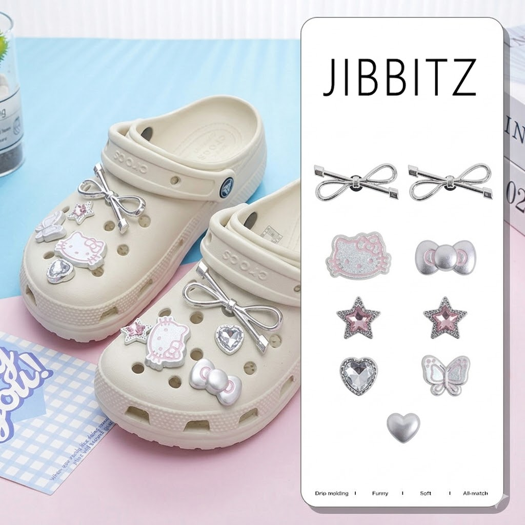 Hiasan Sandal Crocs Hello Kitty Silver Metal Y2K Jibbitz Charms Set Pin Sandal Lucu Gaya Korea - DIY