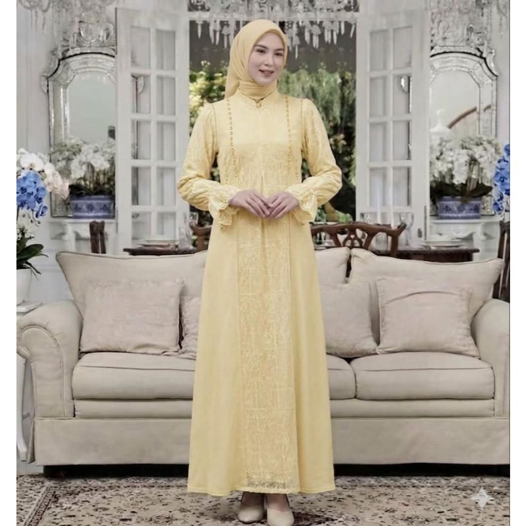 Gamis Kondangan Wanita Reaja Terbaru Bahan Ceruty Mix Brukat Warna Butter Yellow Mahogany Cream Ukur